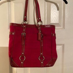 Coach Women’s Handbag Red Fabric Patent Leather Tote Satchel G0849-F12344
